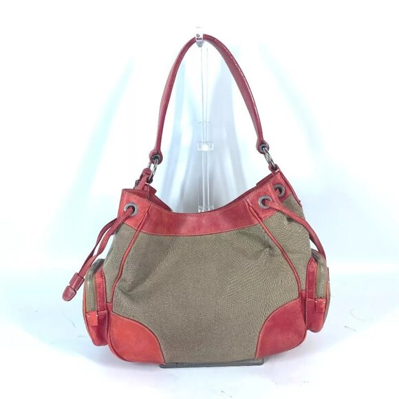 PRADA Bucket type Logo drawstring bag Shoulder Bag Leather/Canvas Beige/Red - Picture 1 of 16